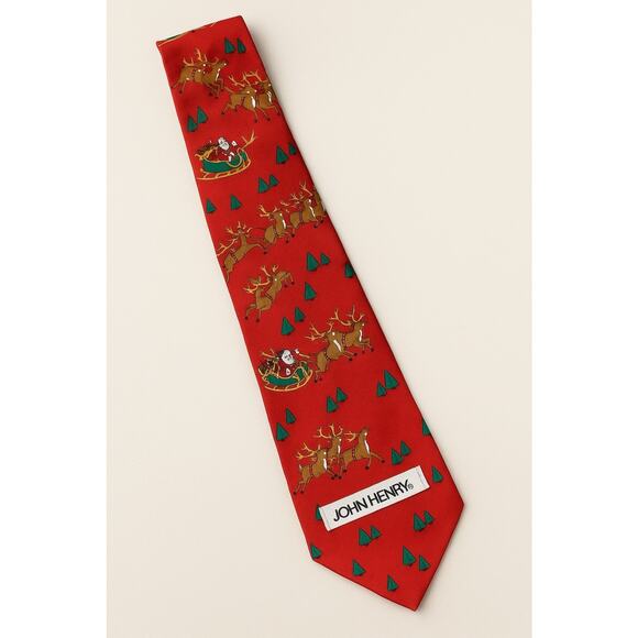 John Henry Men’s Silk Christmas Tie Red Santa Sleigh Reindeer Trees Holiday - Picture 1 of 5